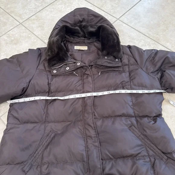 Michael Kors 2X Brown Quilted Feather Puffer Coat Jacket Faux Fur Collar & Hood